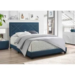 64" X 86" X 50" Dark Teal Fabric Upholstered Bed Wood Leg Queen Bed