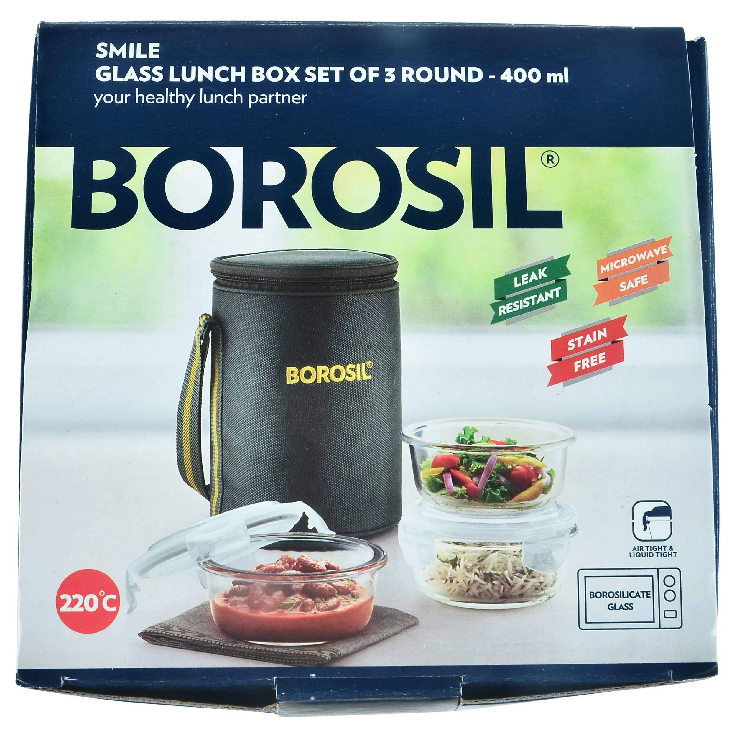 Borosil Glass 3 Round Container Lunch Box Set with Bag, 400ml