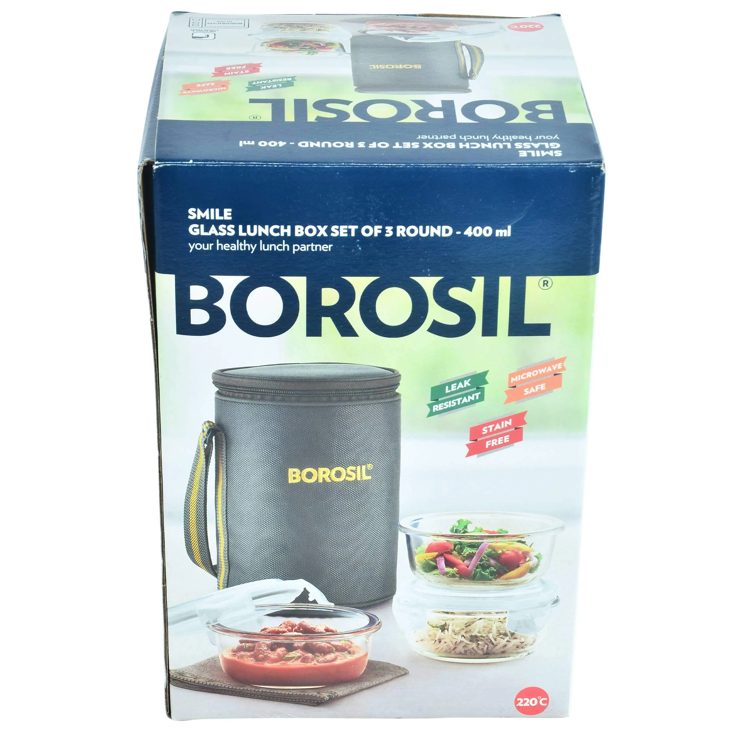 Borosil Glass 3 Round Container Lunch Box Set with Bag, 400ml