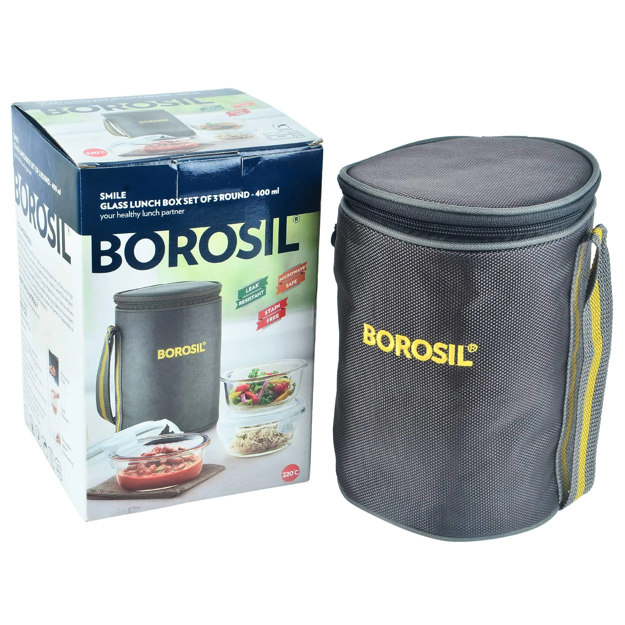 Borosil Glass 3 Round Container Lunch Box Set with Bag, 400ml