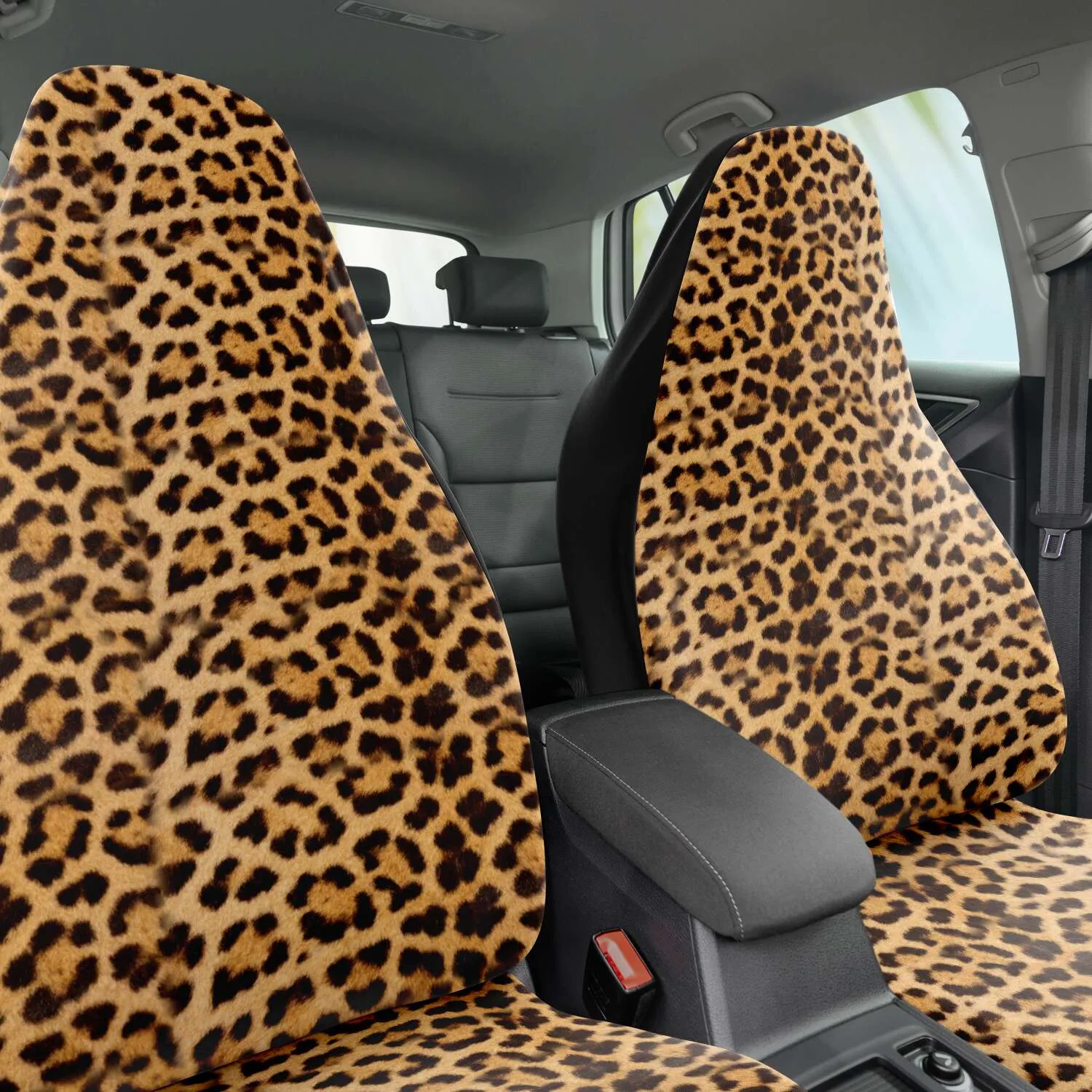 Brown Leopard Car Seat Cover, Beige Animal Print Microfiber Washable Car Seat Protectors (2 Pieces)