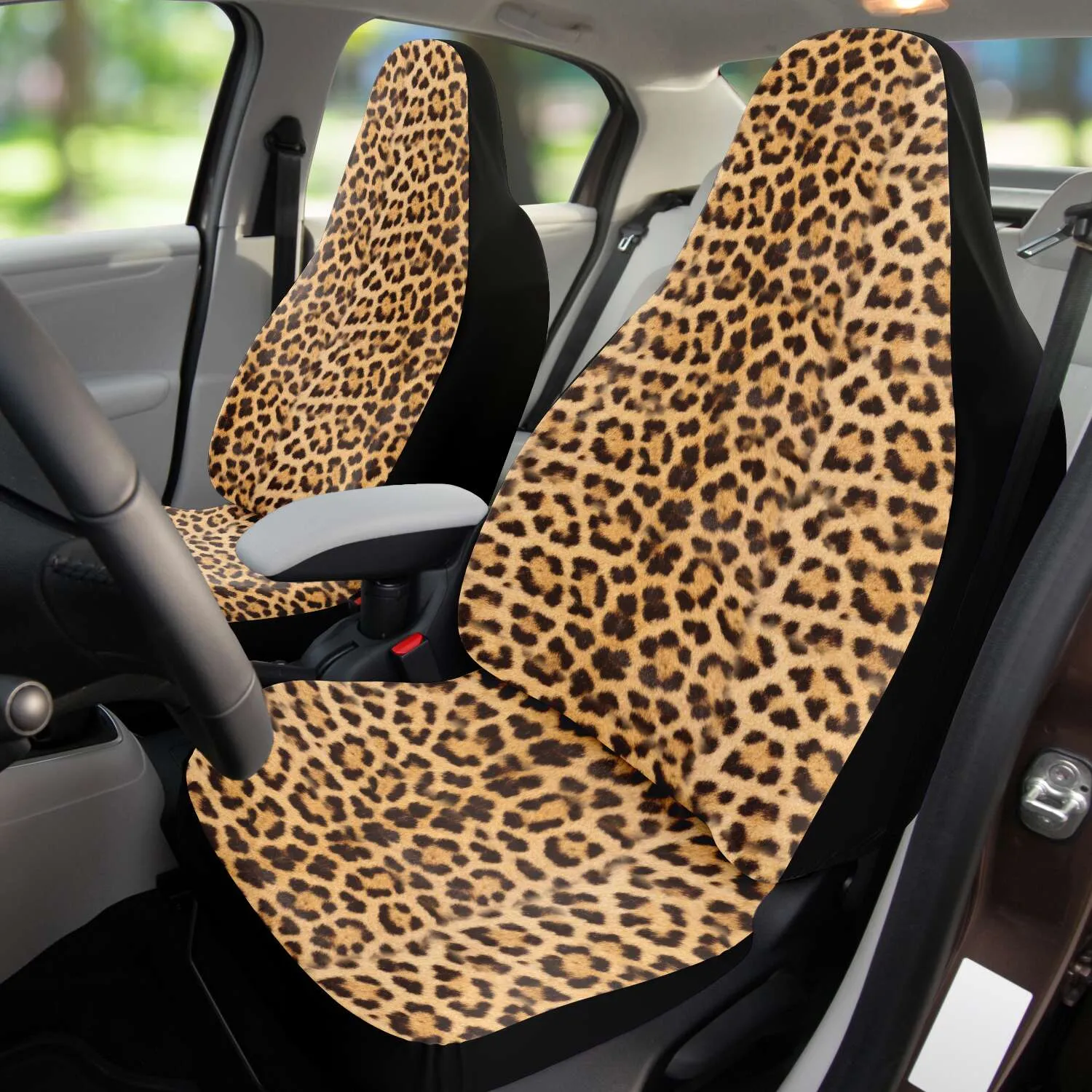 Brown Leopard Car Seat Cover, Beige Animal Print Microfiber Washable Car Seat Protectors (2 Pieces)