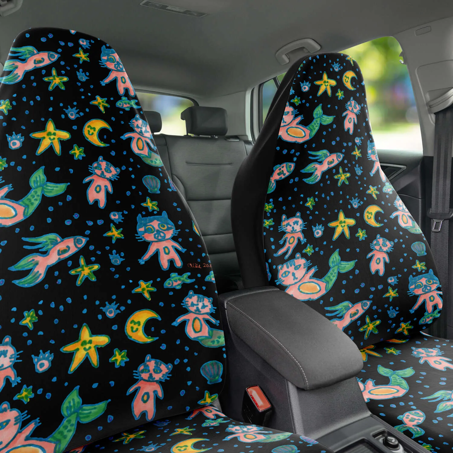 Cat Mermaid Car Seat Covers, Designer Artistic Black Cat Print Car Seat Protectors (2 Pack)