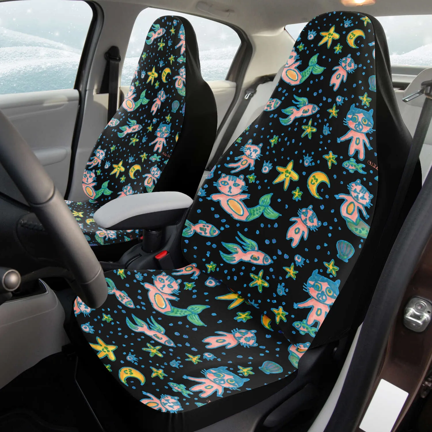 Cat Mermaid Car Seat Covers, Designer Artistic Black Cat Print Car Seat Protectors (2 Pack)