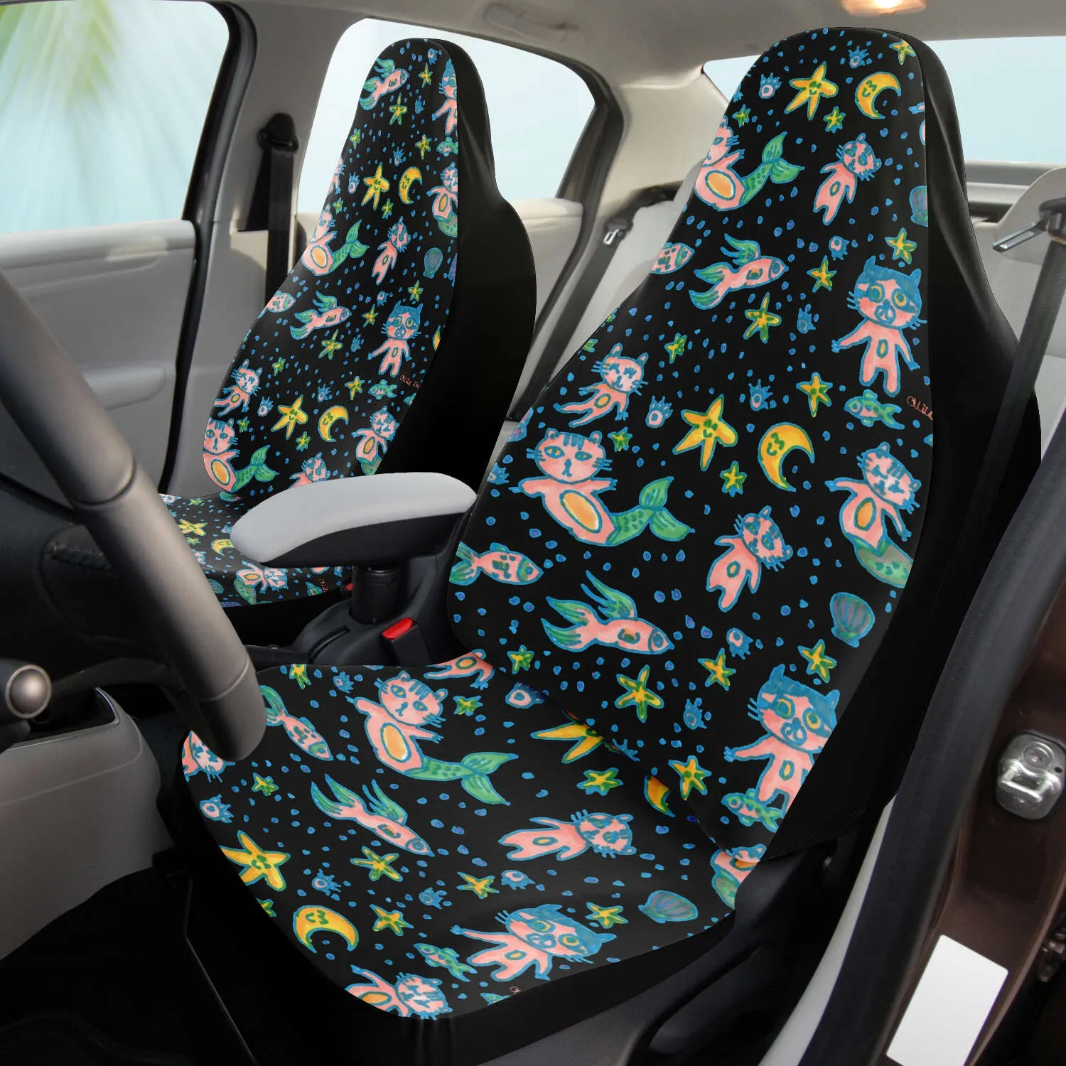 Cat Mermaid Car Seat Covers, Designer Artistic Black Cat Print Car Seat Protectors (2 Pack)