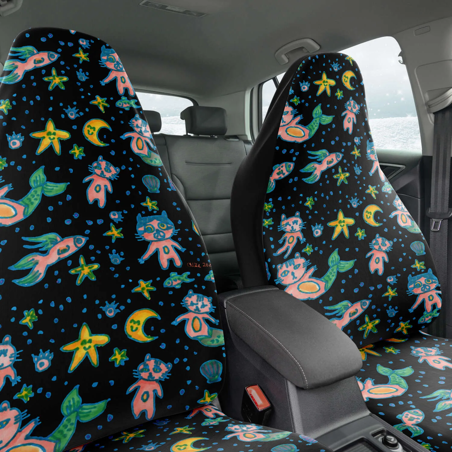 Cat Mermaid Car Seat Covers, Designer Artistic Black Cat Print Car Seat Protectors (2 Pack)