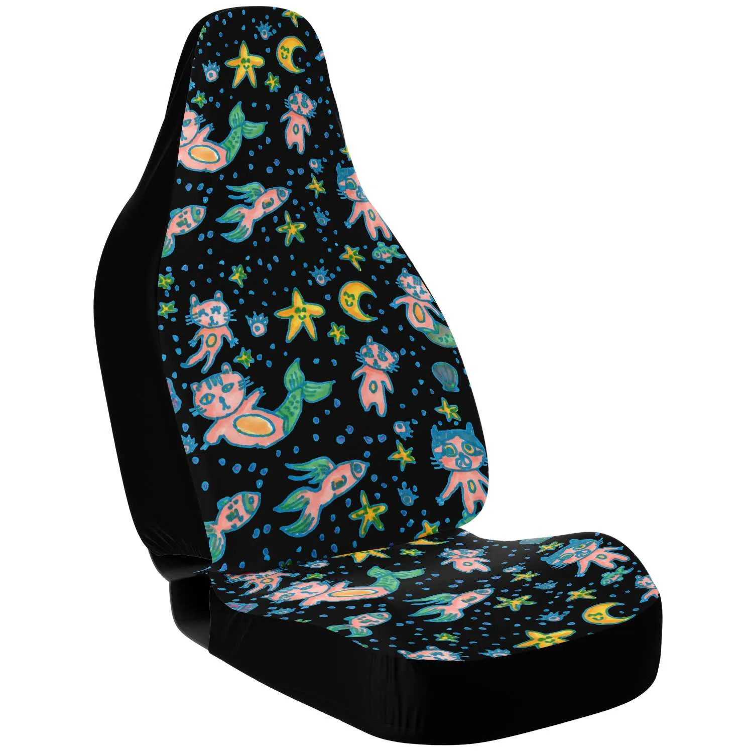 Cat Mermaid Car Seat Covers, Designer Artistic Black Cat Print Car Seat Protectors (2 Pack)