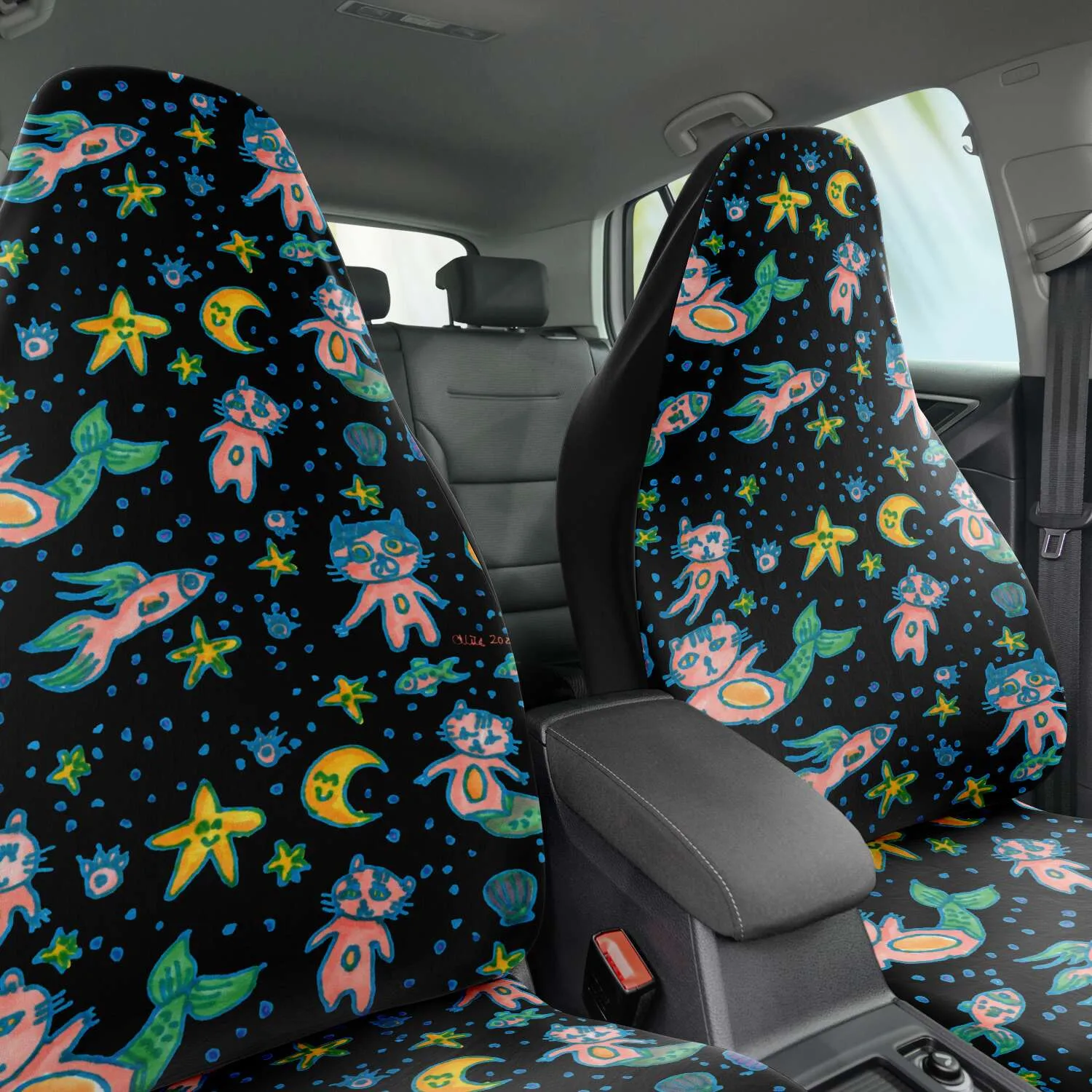 Cat Mermaid Car Seat Covers, Designer Artistic Black Cat Print Car Seat Protectors (2 Pack)