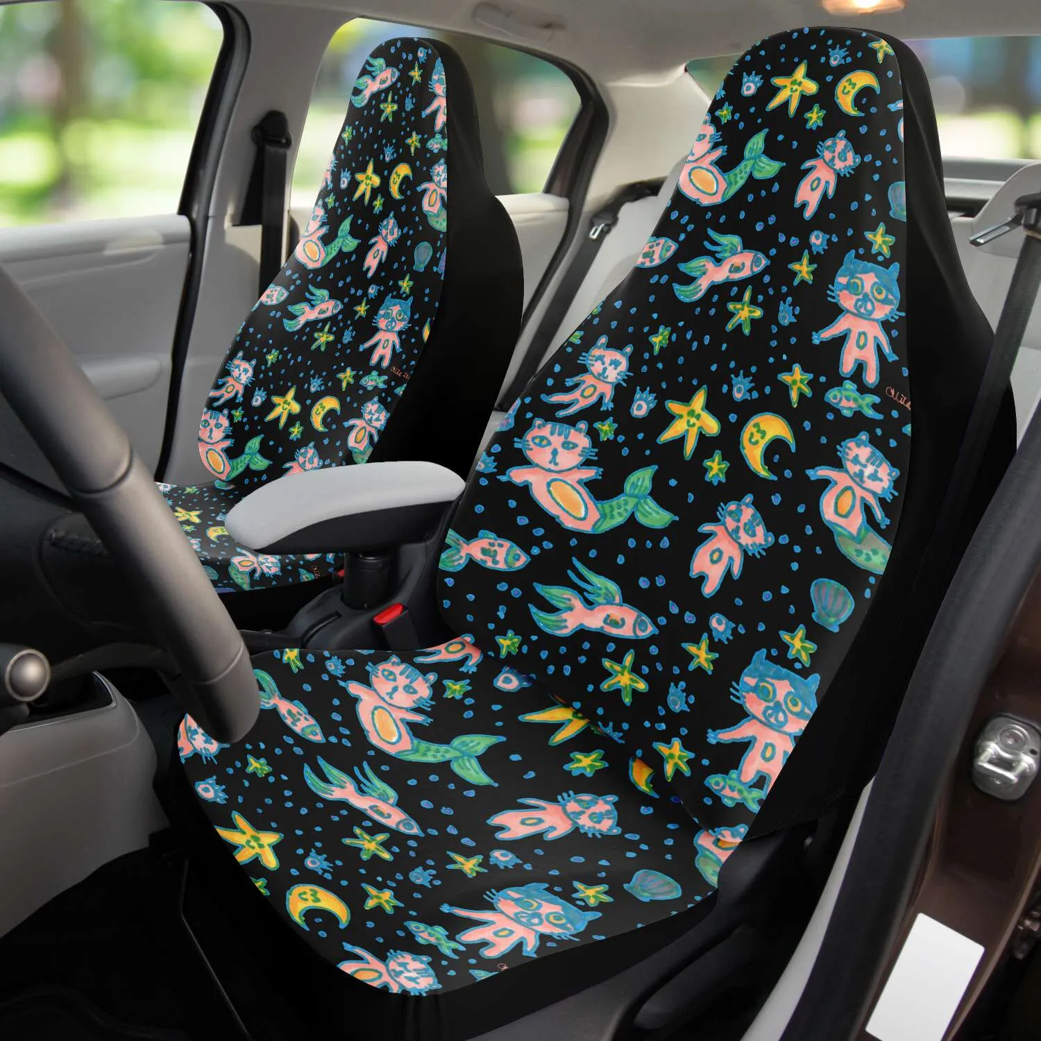 Cat Mermaid Car Seat Covers, Designer Artistic Black Cat Print Car Seat Protectors (2 Pack)