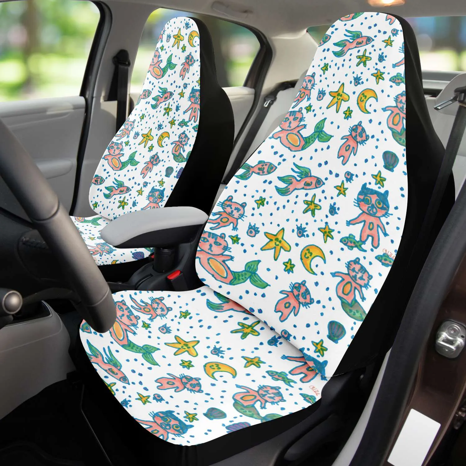 Cat Mermaid Car Seat Covers, White Washable Cute Best Car Seat Protectors For Cat Lovers