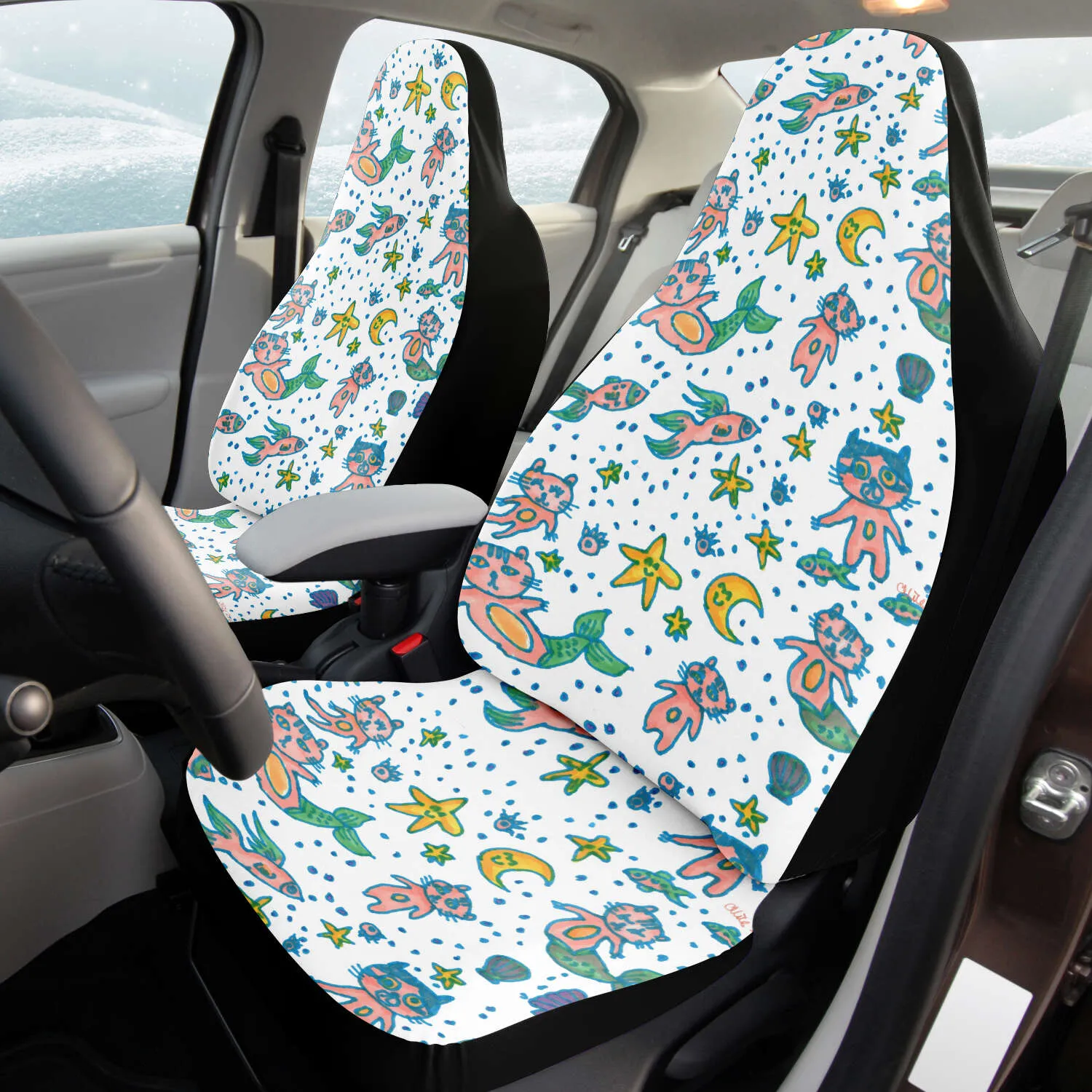 Cat Mermaid Car Seat Covers, White Washable Cute Best Car Seat Protectors For Cat Lovers