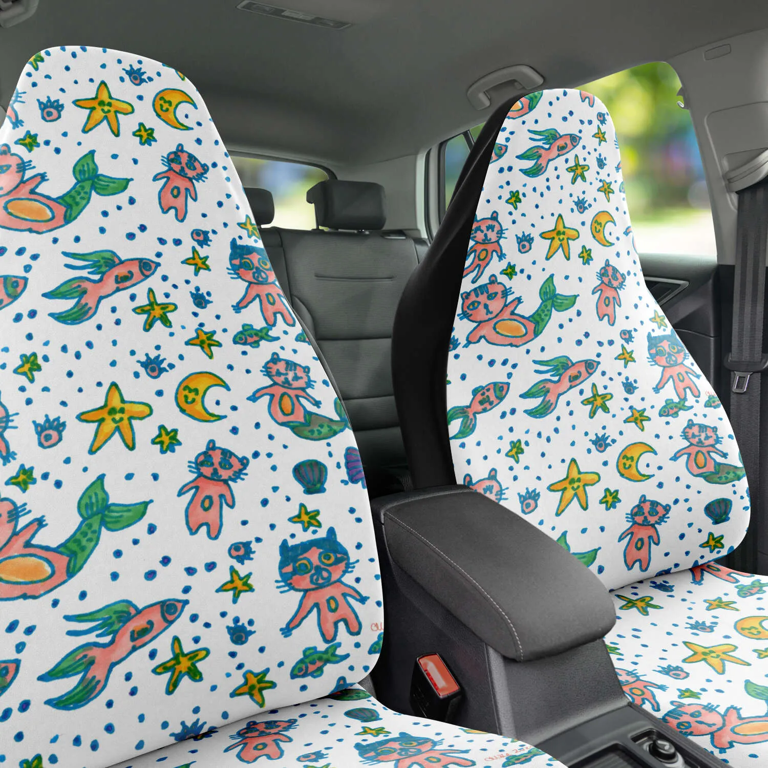 Cat Mermaid Car Seat Covers, White Washable Cute Best Car Seat Protectors For Cat Lovers