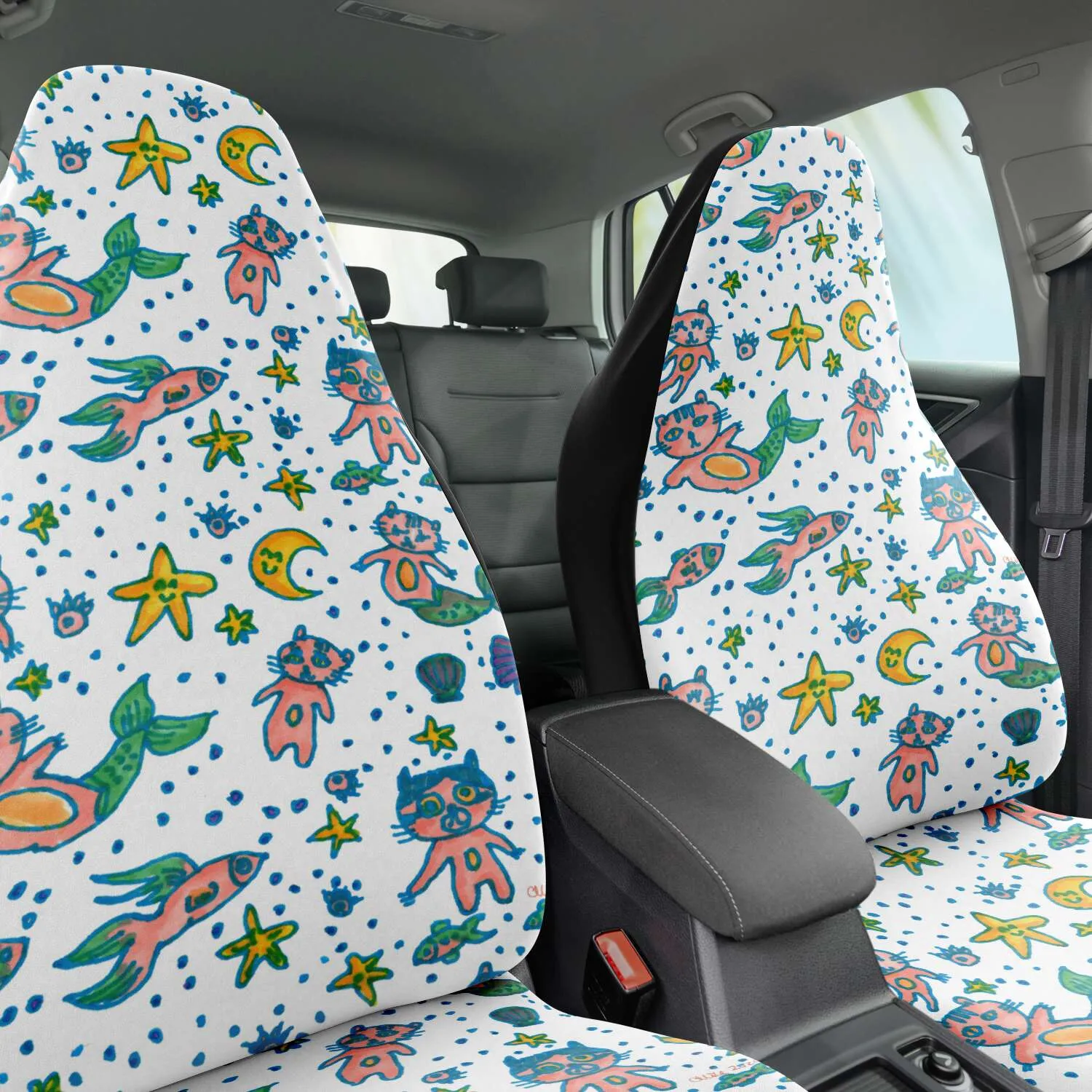 Cat Mermaid Car Seat Covers, White Washable Cute Best Car Seat Protectors For Cat Lovers