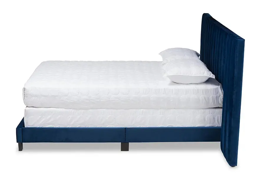 Claudia Navy Blue Velvet Fabric Panel Bed w/Extra Wide Channel Headboard (King)