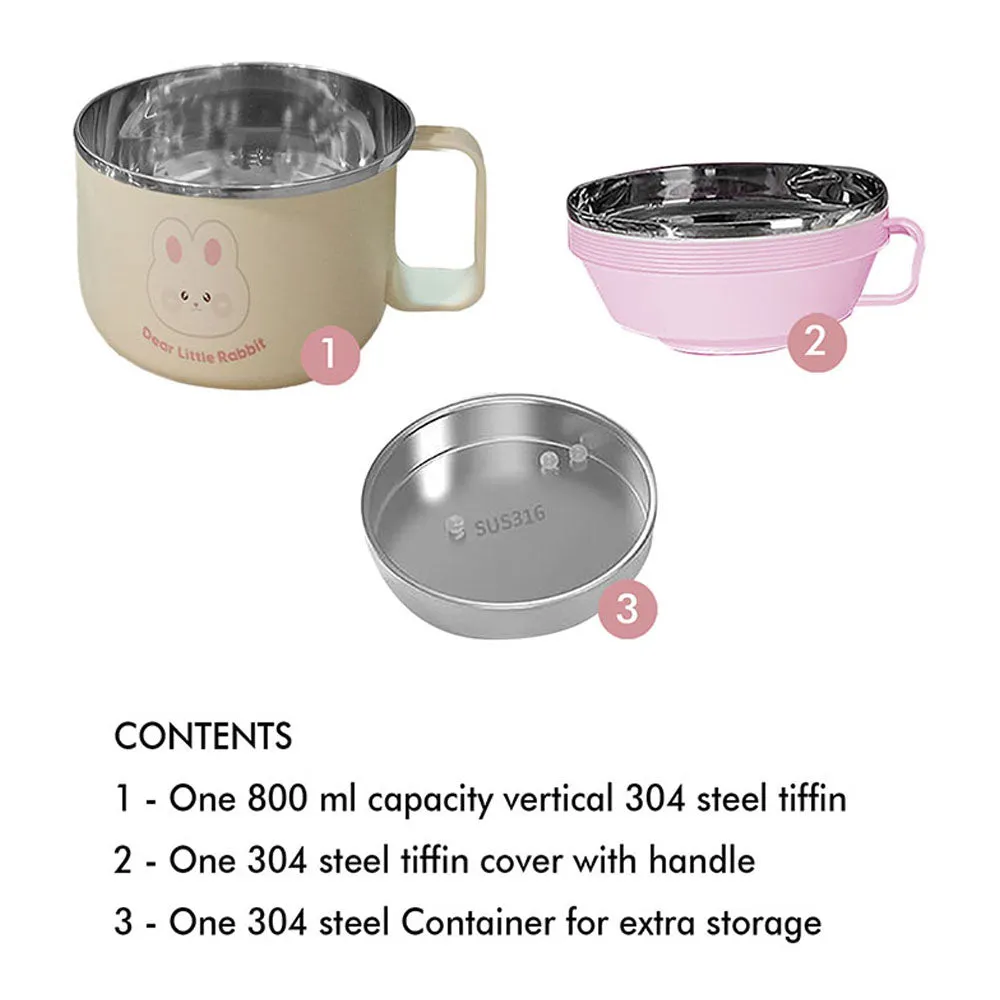 Cream & Pink Rabbit , Stainless Steel Dual Handle Soup and Noodles Lunch Box for Kids and Adults