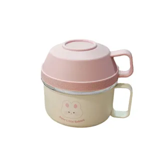 Cream & Pink Rabbit , Stainless Steel Dual Handle Soup and Noodles Lunch Box for Kids and Adults