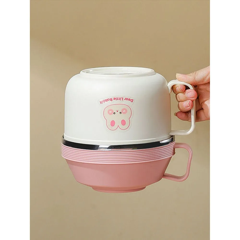 Cream & Pink Rabbit , Stainless Steel Dual Handle Soup and Noodles Lunch Box for Kids and Adults