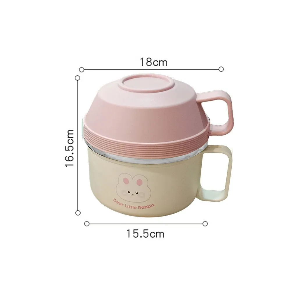 Cream & Pink Rabbit , Stainless Steel Dual Handle Soup and Noodles Lunch Box for Kids and Adults