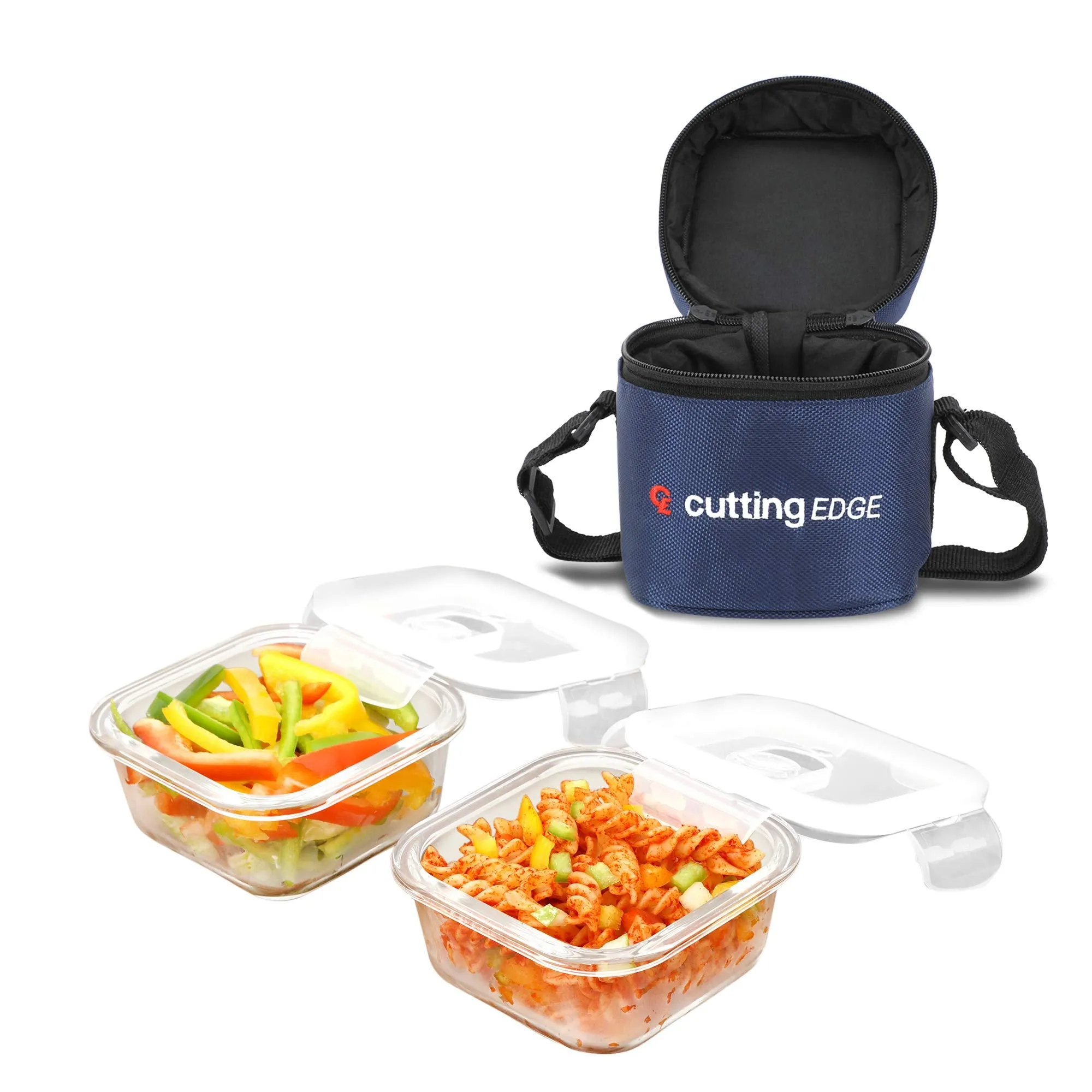 Cutting EDGE 2 Glass 300°C Microwave Safe High Borosilicate Round Office Tiffin Lunch Box with Break Free Detachable Lock and Bag (320ml x 2)