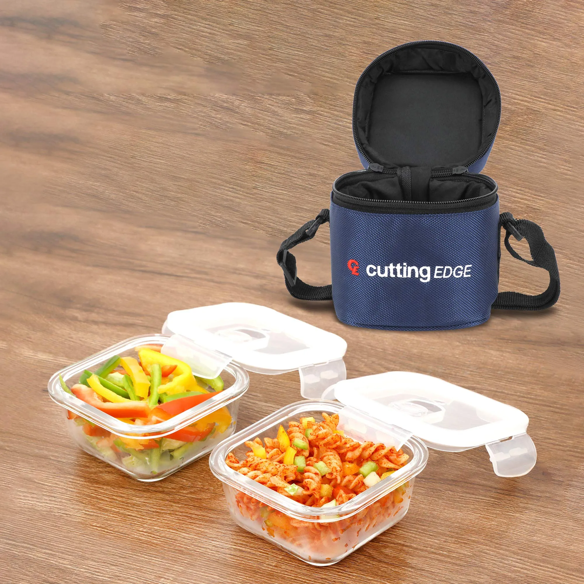 Cutting EDGE 2 Glass 300°C Microwave Safe High Borosilicate Round Office Tiffin Lunch Box with Break Free Detachable Lock and Bag (320ml x 2)