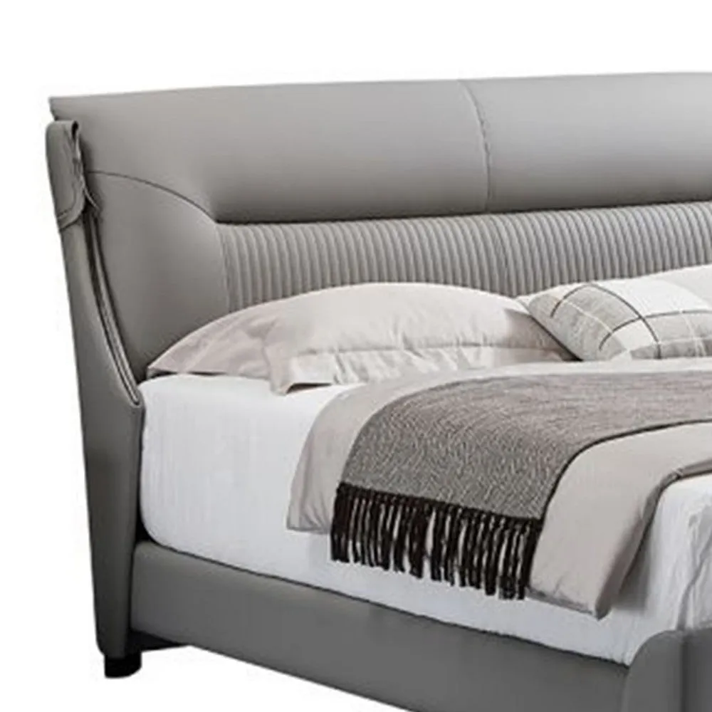 David Queen Size Bed, Channel Gray Top Grain Genuine Leather Upholstery By Casagear Home