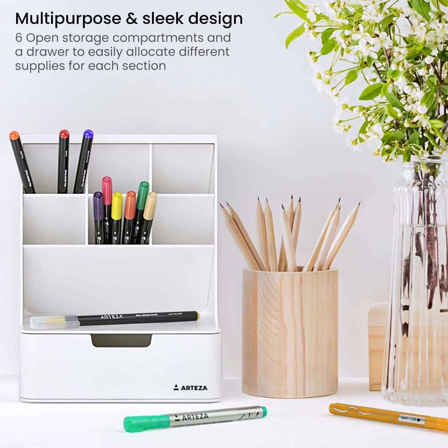 Desktop Pen and Marker Organizer | 6-Compartment White Pen Holder for Desk with Stationery Drawer | 5.43in x 7.09in x 9.33in