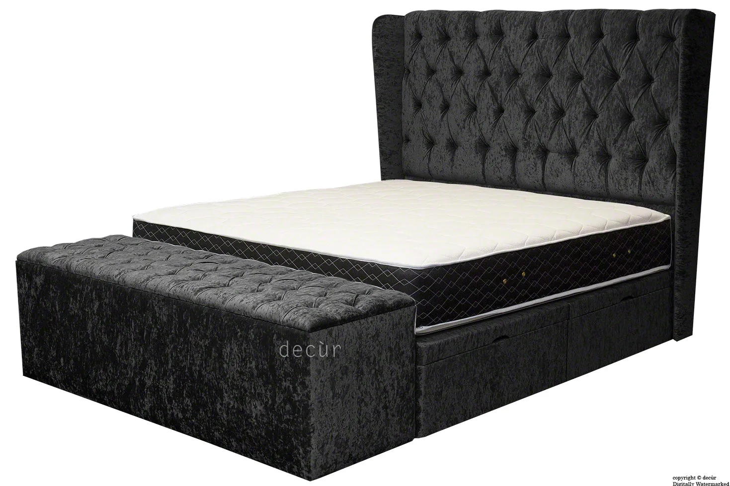 Elizabeth Winged Buttoned Crushed Velvet Bed - Ebony