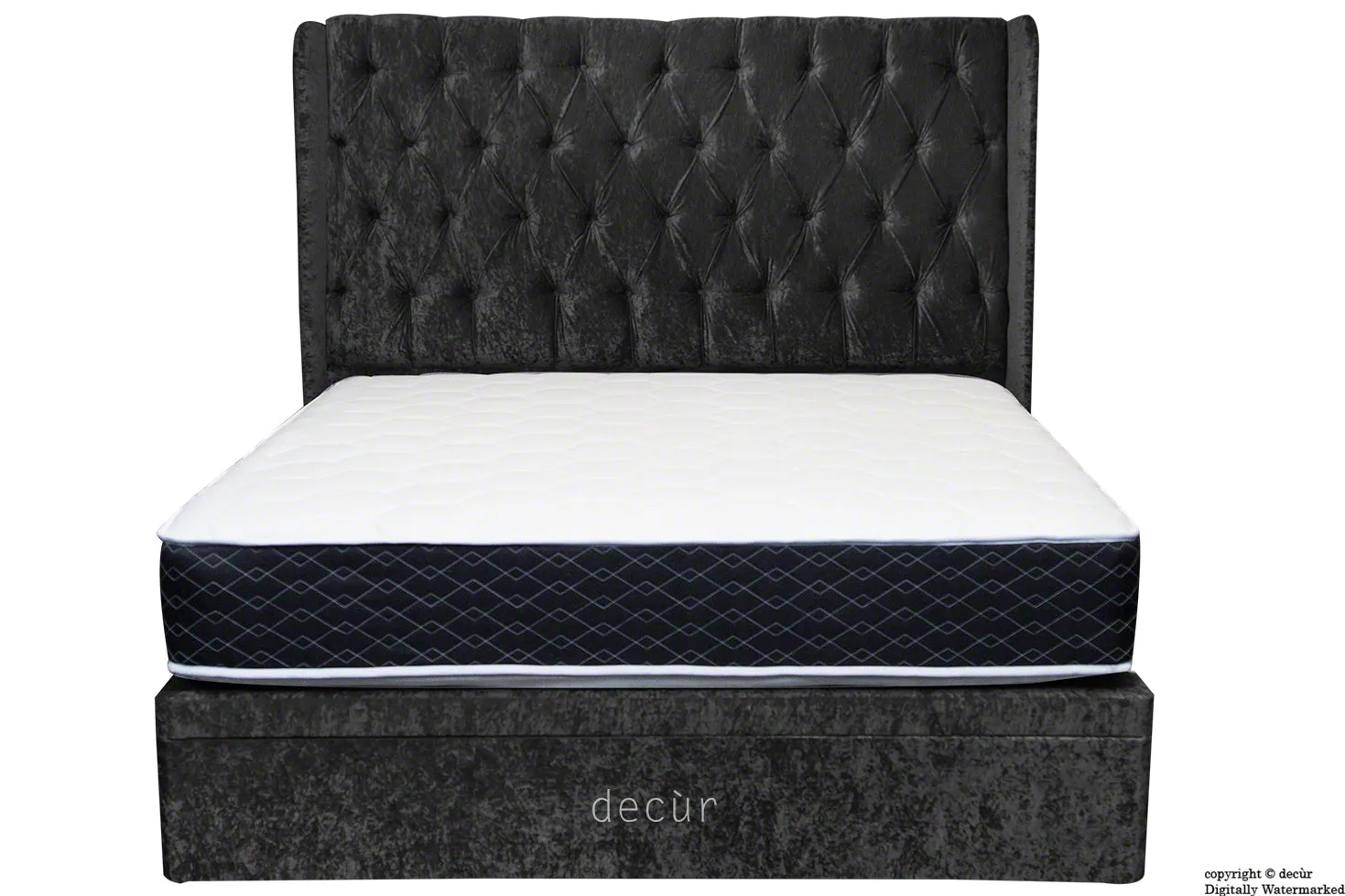 Elizabeth Winged Buttoned Crushed Velvet Bed - Ebony