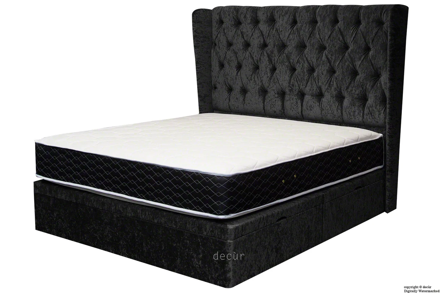 Elizabeth Winged Buttoned Crushed Velvet Bed - Ebony