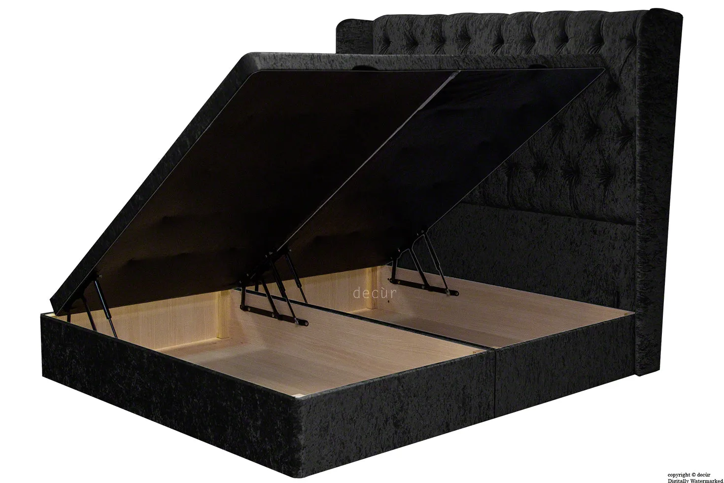 Elizabeth Winged Buttoned Crushed Velvet Bed - Ebony