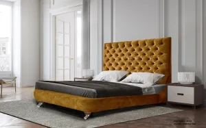 Eva Buttoned Velvet Upholstered Bed - Gold