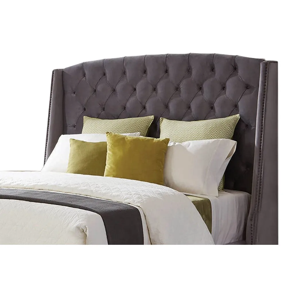 Fabric Upholstered Wooden Queen Size Bed with Winged Headboard, Gray By Casagear Home