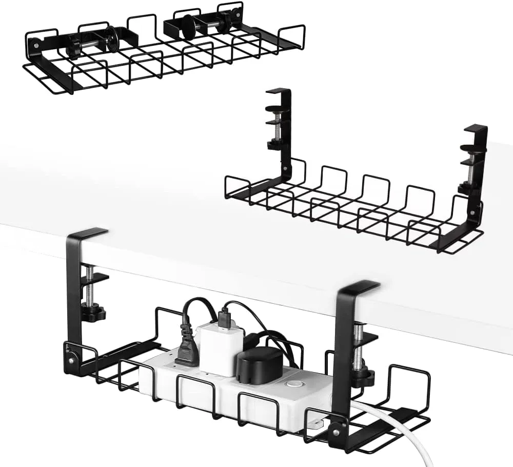 Foldable Clamp Under Desk Cable Management Tray 2 Pack, Black