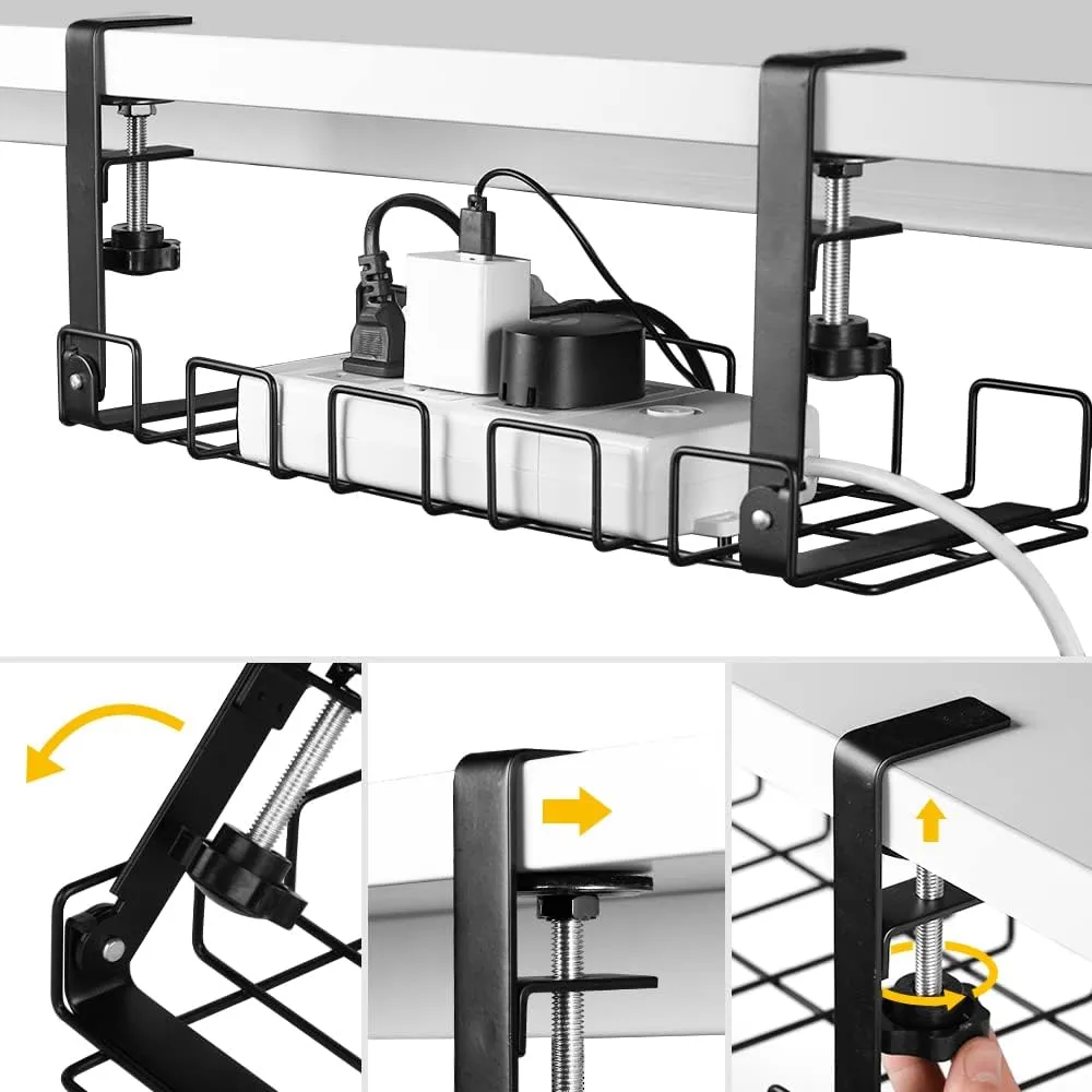 Foldable Clamp Under Desk Cable Management Tray 2 Pack, Black
