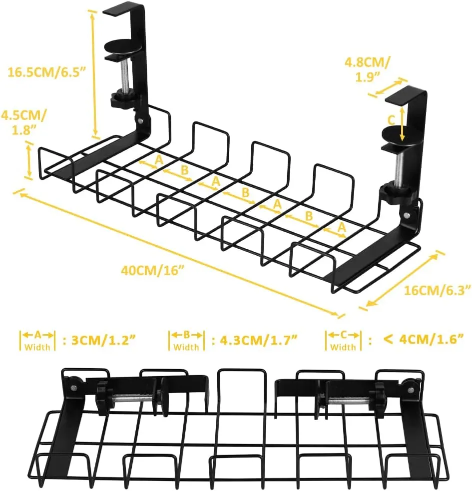 Foldable Clamp Under Desk Cable Management Tray 2 Pack, Black