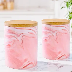 Gleevers Ceramic Jar with Bamboo Lid Pack of 2 (400ml each) | Air Tight Containers for Kitchen Storage | Kitchen Organizer Items & Storage | Gift for Housewarming | Pink