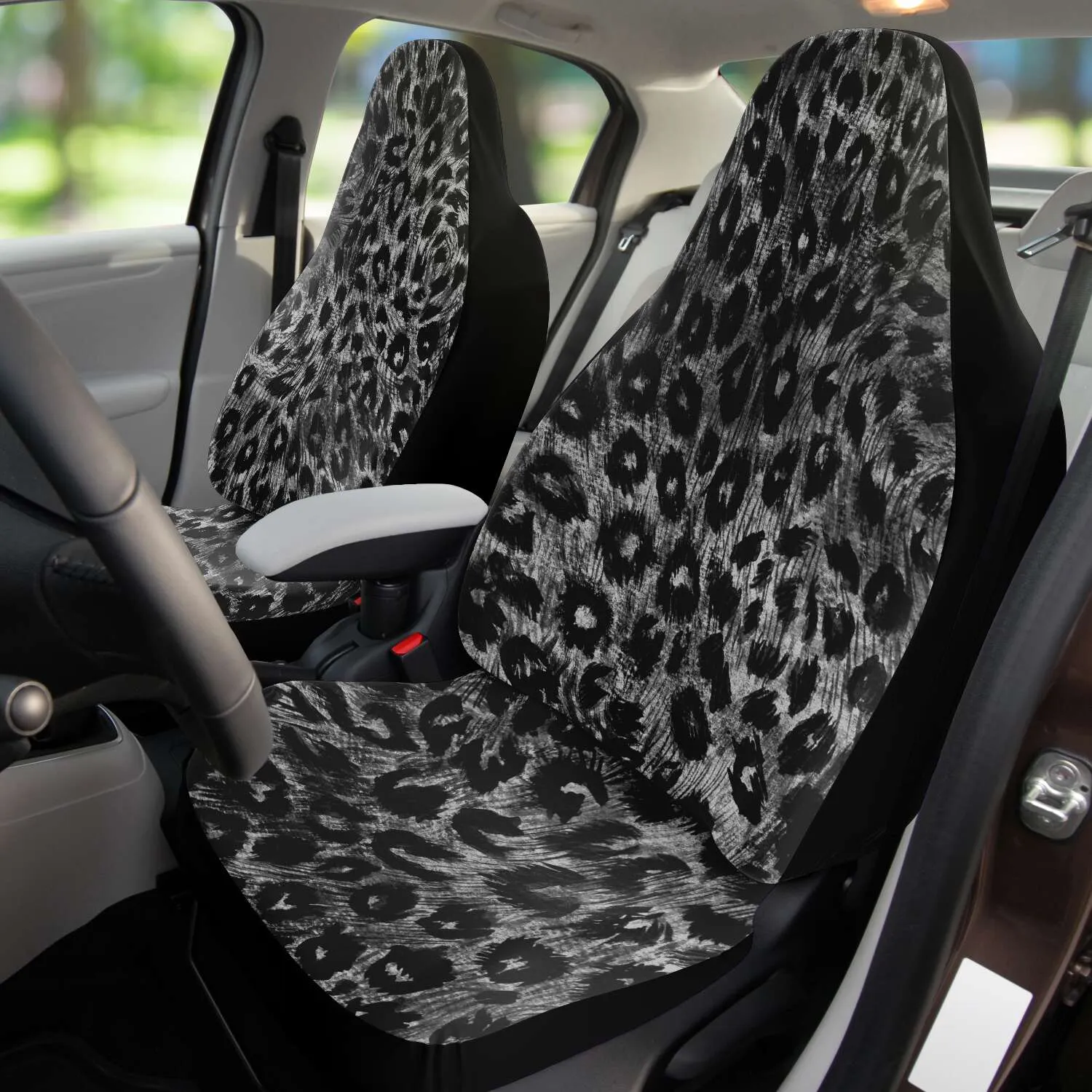 Gray Leopard Car Seat Cover, (2 pcs) Leopard Animal Print Designer Washable Car Seat Protectors