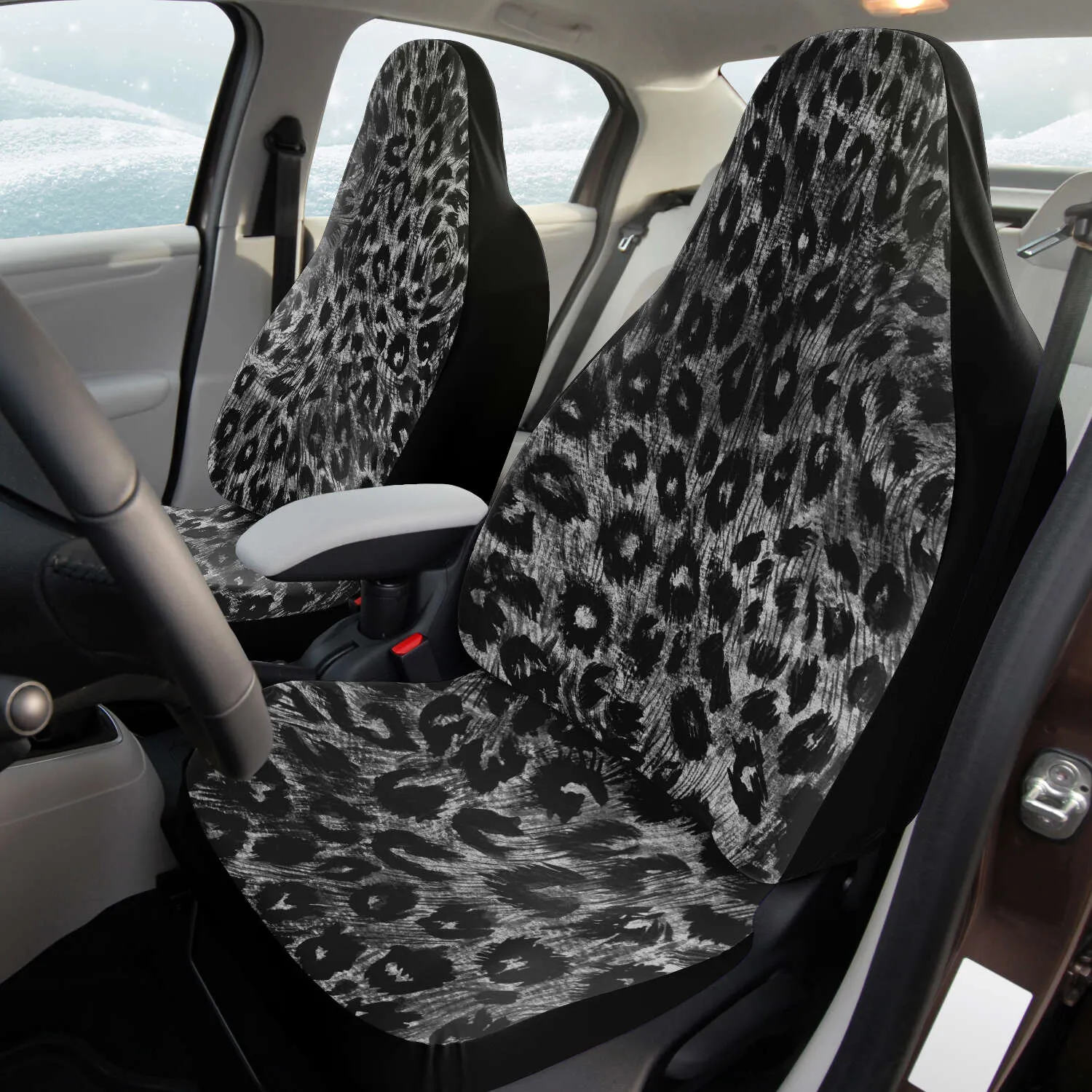 Gray Leopard Car Seat Cover, (2 pcs) Leopard Animal Print Designer Washable Car Seat Protectors