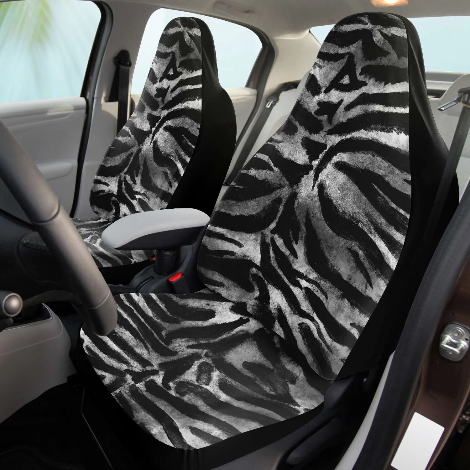 Gray Tiger Car Seats Covers, 2 Pack Front Seat Tiger Stripes Animal Print Elastic Car Accessories