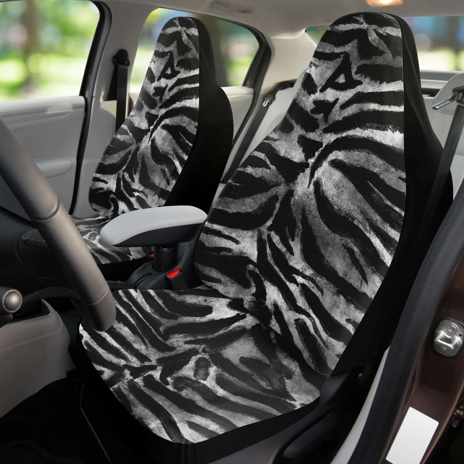 Gray Tiger Car Seats Covers, 2 Pack Front Seat Tiger Stripes Animal Print Elastic Car Accessories