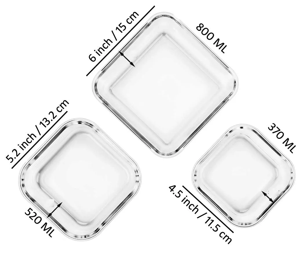 HAINE 3 Pieces Square Toughened Glass Clip and Store Fresh Containers with Air Tight Lock lid, (370ml, 520ml, 800ml) | for Storing Food | Lunch Box | Baking�