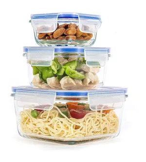 HAINE 3 Pieces Square Toughened Glass Clip and Store Fresh Containers with Air Tight Lock lid, (370ml, 520ml, 800ml) | for Storing Food | Lunch Box | Baking�