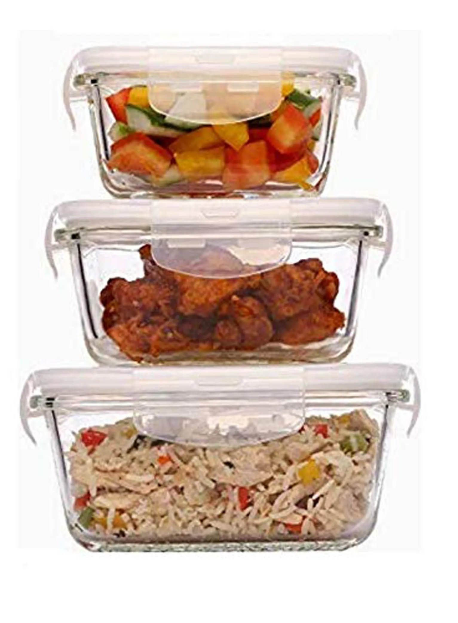 HAINE 3 Pieces Square Toughened Glass Clip and Store Fresh Containers with Air Tight Lock lid, (370ml, 520ml, 800ml) | for Storing Food | Lunch Box | Baking�