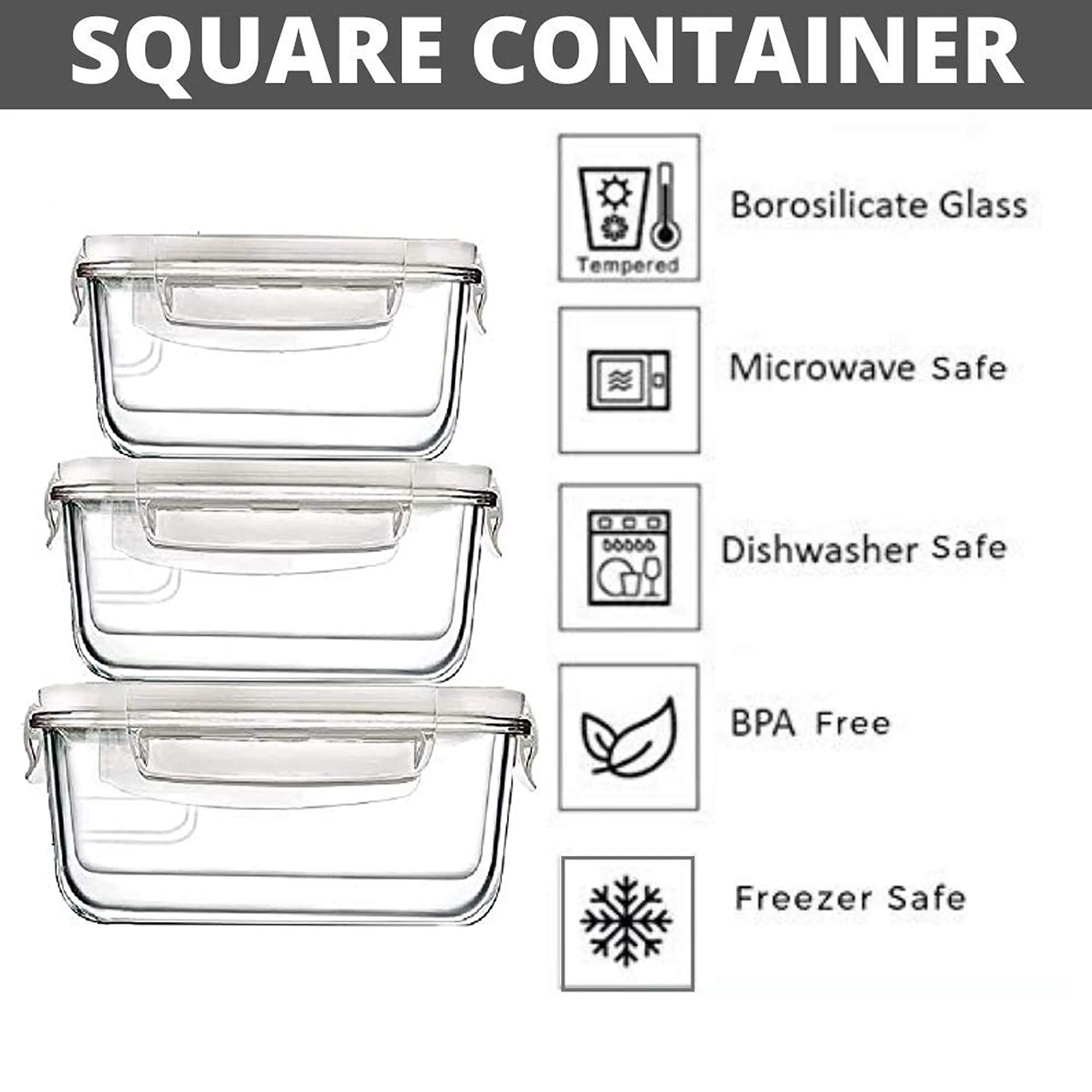 HAINE 3 Pieces Square Toughened Glass Clip and Store Fresh Containers with Air Tight Lock lid, (370ml, 520ml, 800ml) | for Storing Food | Lunch Box | Baking�