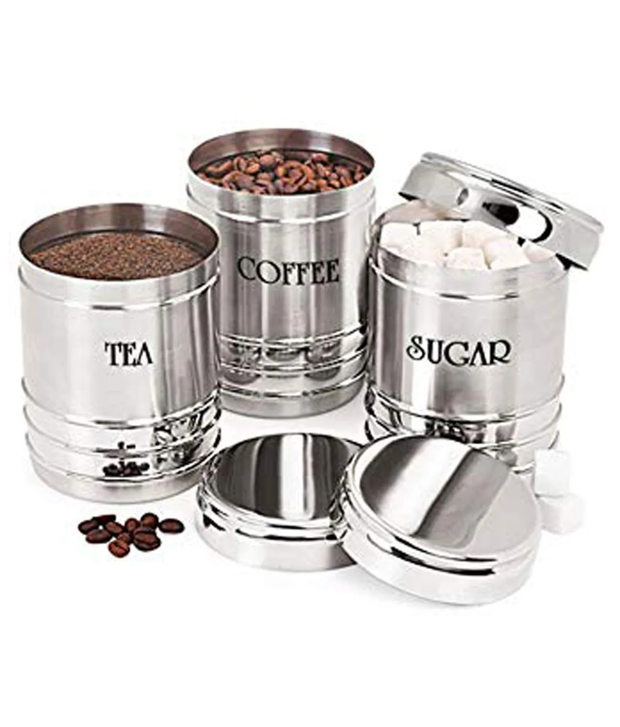 Heart Home 3 Pieces Stainless Steel Tea, Coffee and Sugar air Tight containers Set 500Ml, 300Ml, 200 Ml (Silver)-HEART1745