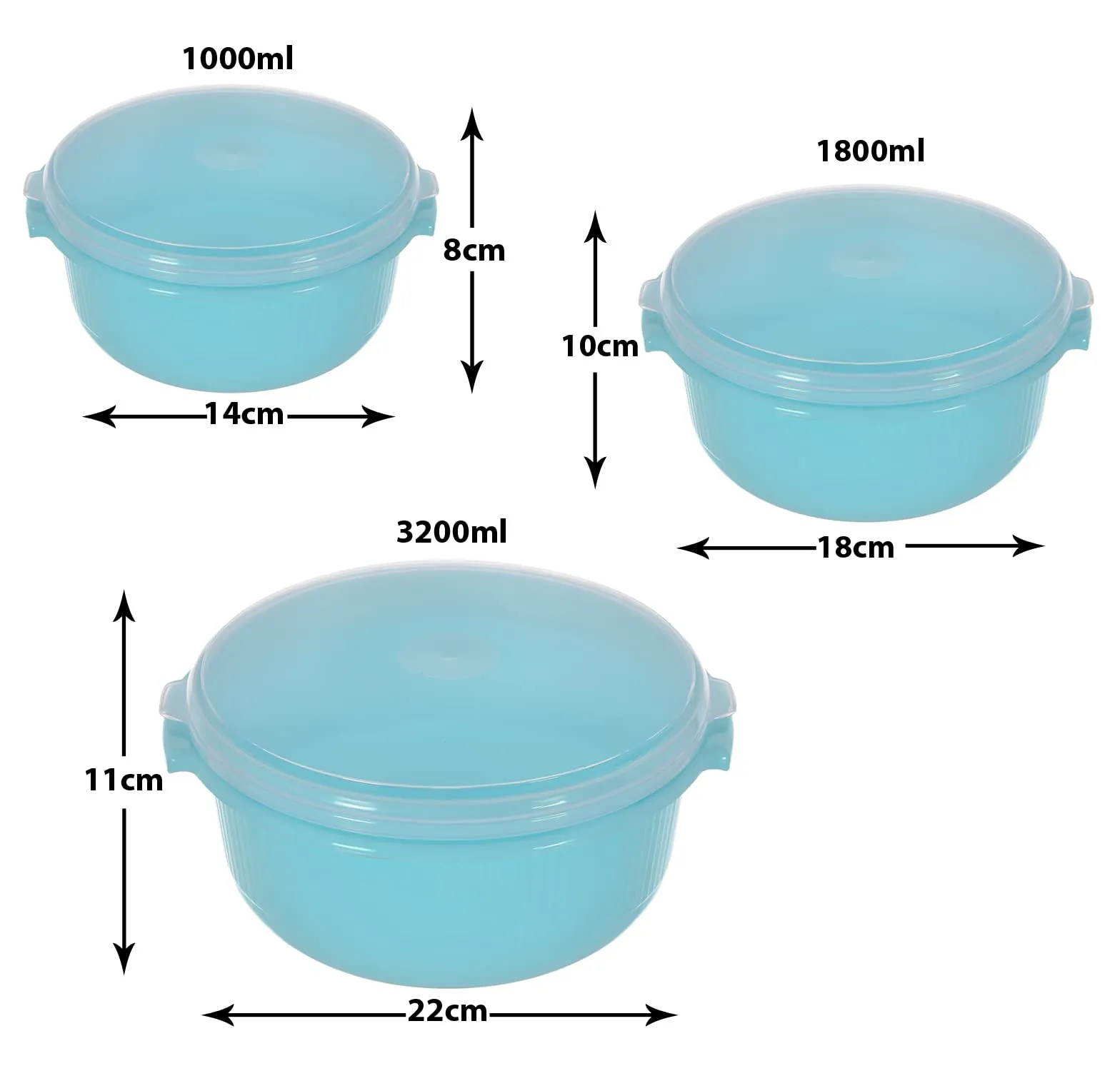 Heart Home Food Grade, Microwave & Freezer Safe Plastic Bowls, Food Storage Container Set With Lid, Set of 3 (3200ml, 1800ml, 1000ml) (Blue)-46HH0322