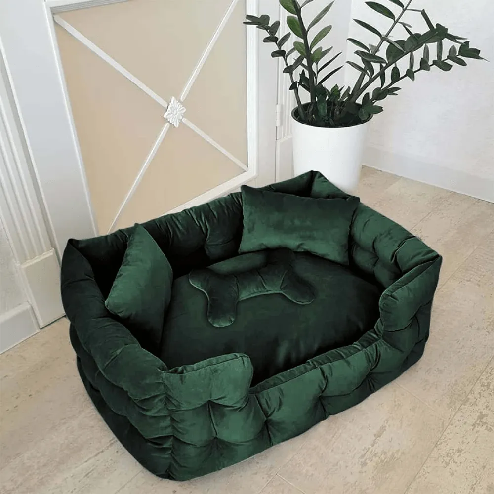 Hiputee Luxurious High Wall Soft Velvet Fabric Washable Bed for Dogs and Cats (Dark Green)