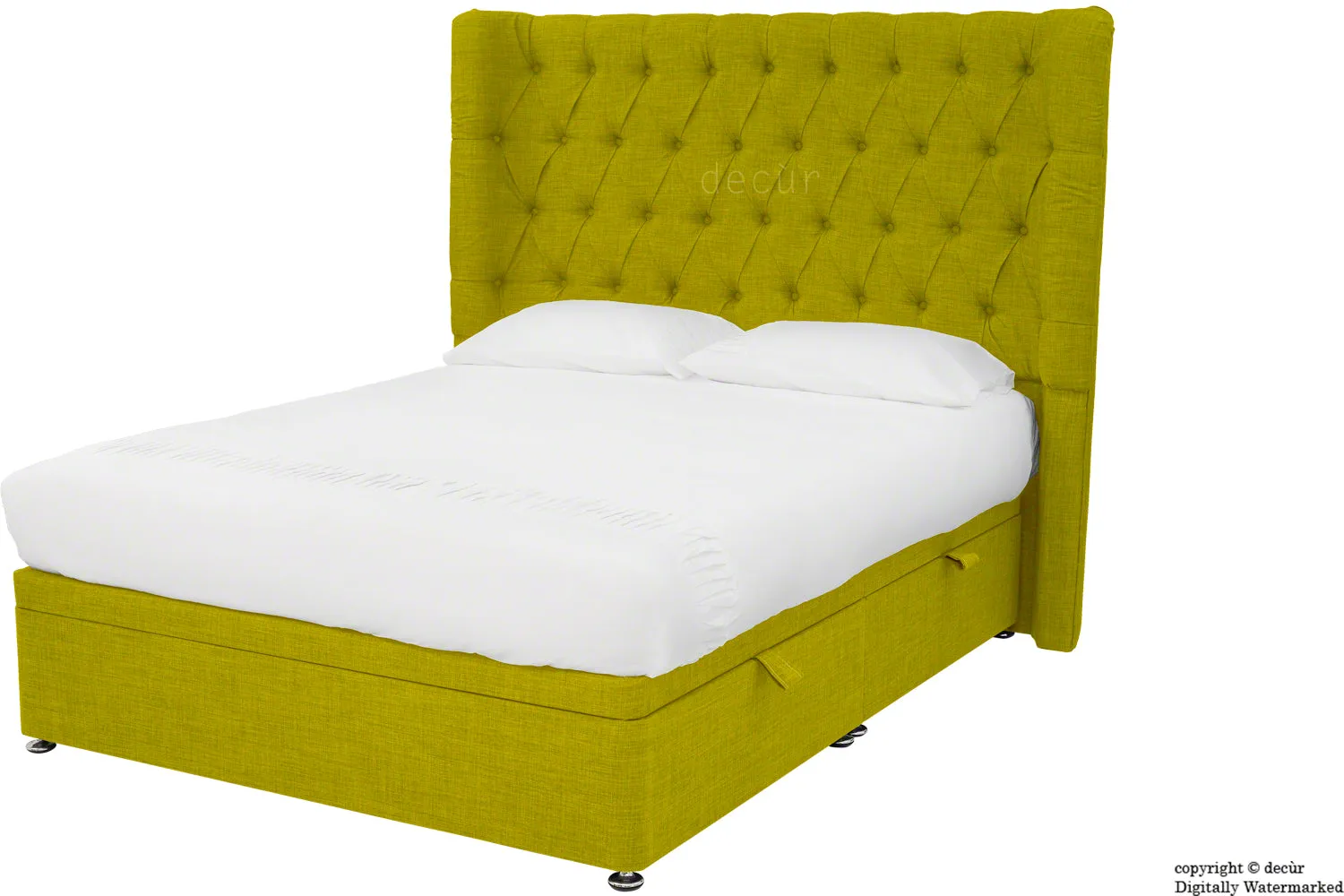 Hollyrood Linen Upholstered Winged Ottoman Bed - Olive