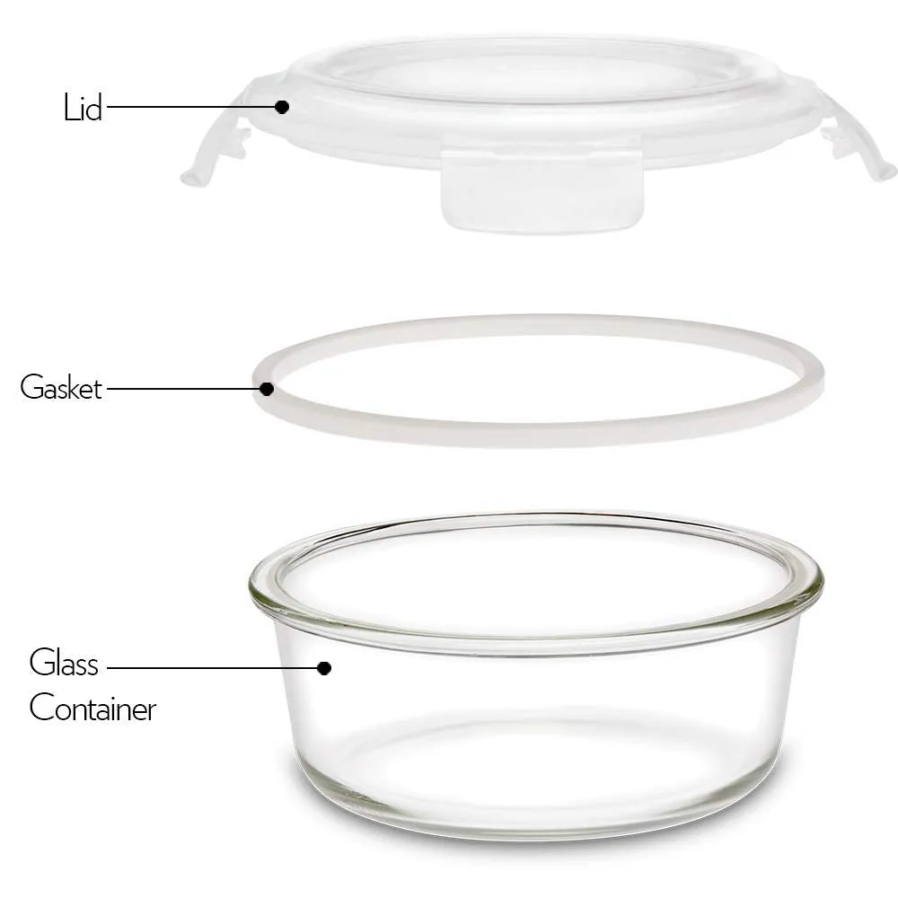 HOMIES, 1 Piece, Round Glass Airtight Food Storage Containers/Lunch Box with Lid, Size: S: 930ml, Dimension: 185x88 mm, Clear