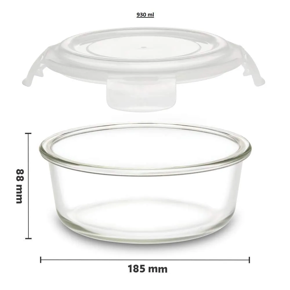 HOMIES, 1 Piece, Round Glass Airtight Food Storage Containers/Lunch Box with Lid, Size: S: 930ml, Dimension: 185x88 mm, Clear